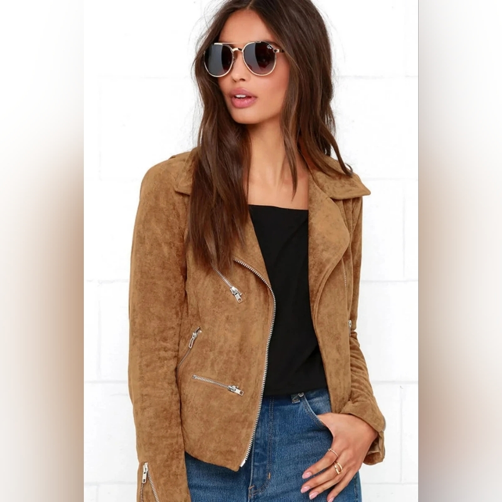 Lulu's Women's Tan Asymetrical Faux 'Suede with Love' Moto Jacket - Size M